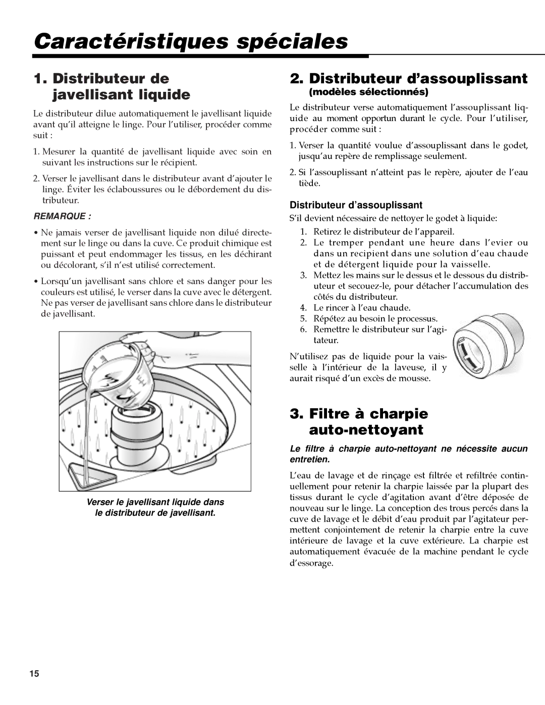 NEC PAV-1 warranty Caractéristiques spéciales, Distributeur de javellisant liquide, Distributeur d’assouplissant 