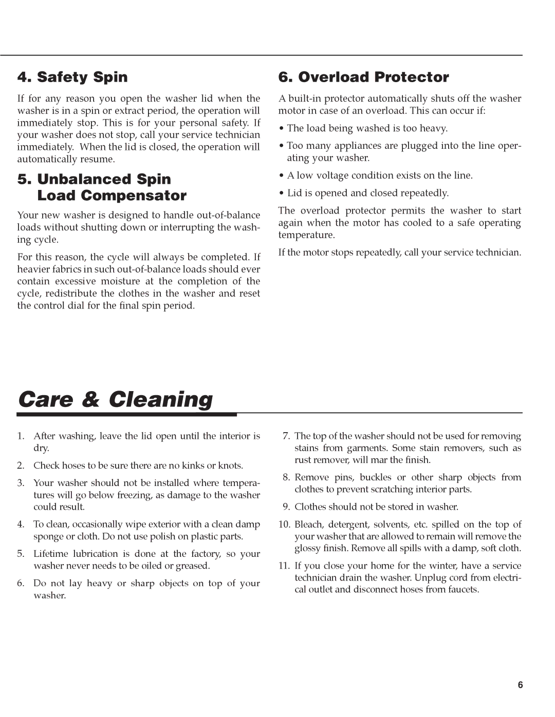 NEC PAV-1 warranty Care & Cleaning, Safety Spin, Unbalanced Spin Load Compensator, Overload Protector 