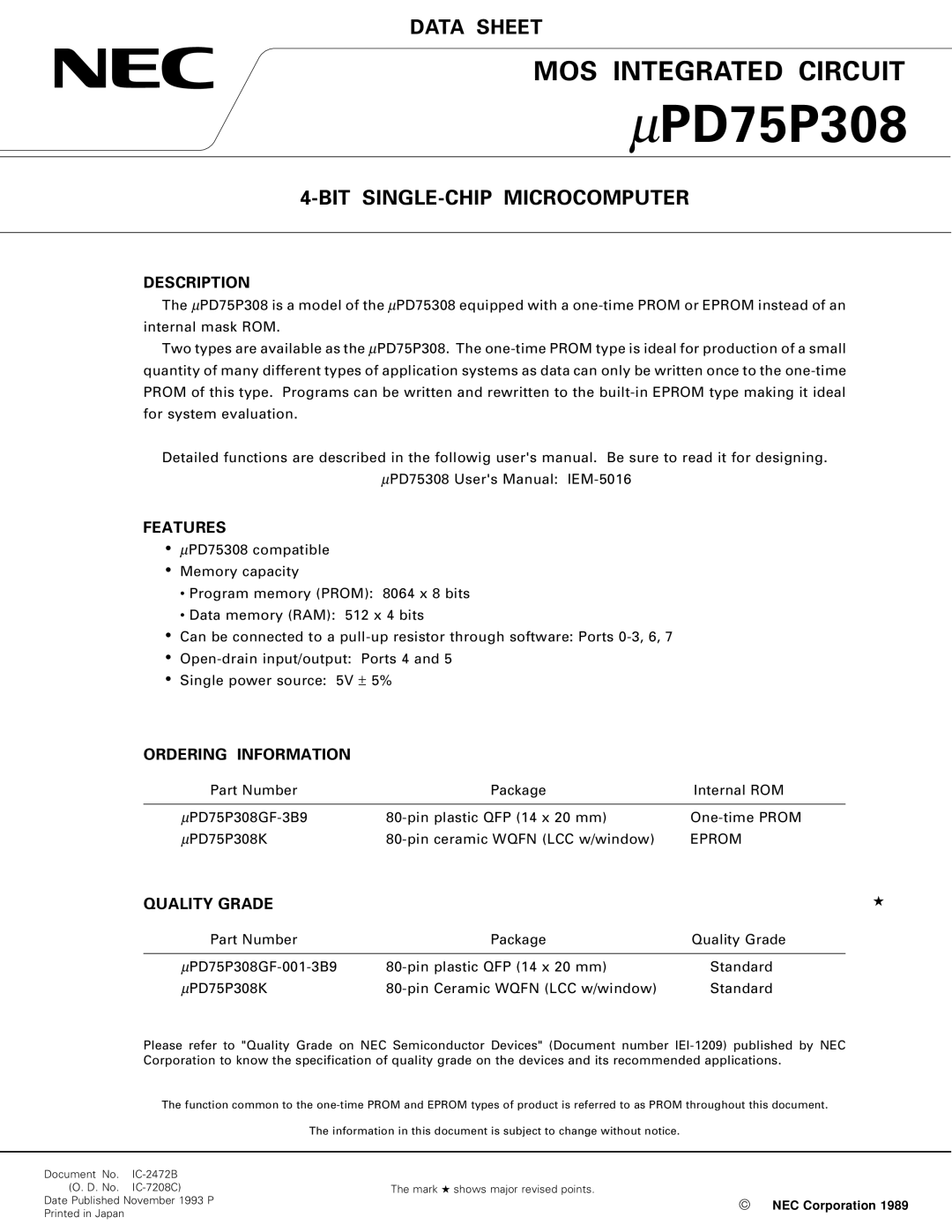 NEC PD75P308 user manual Description, Features, Ordering Information, Quality Grade 