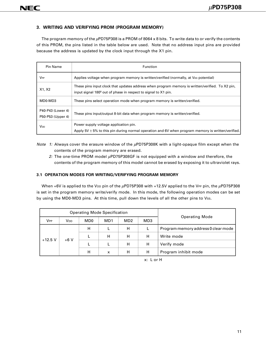 NEC PD75P308 user manual Writing and Verifying Prom Program Memory, Operation Modes for WRITING/VERIFYING Program Memory 