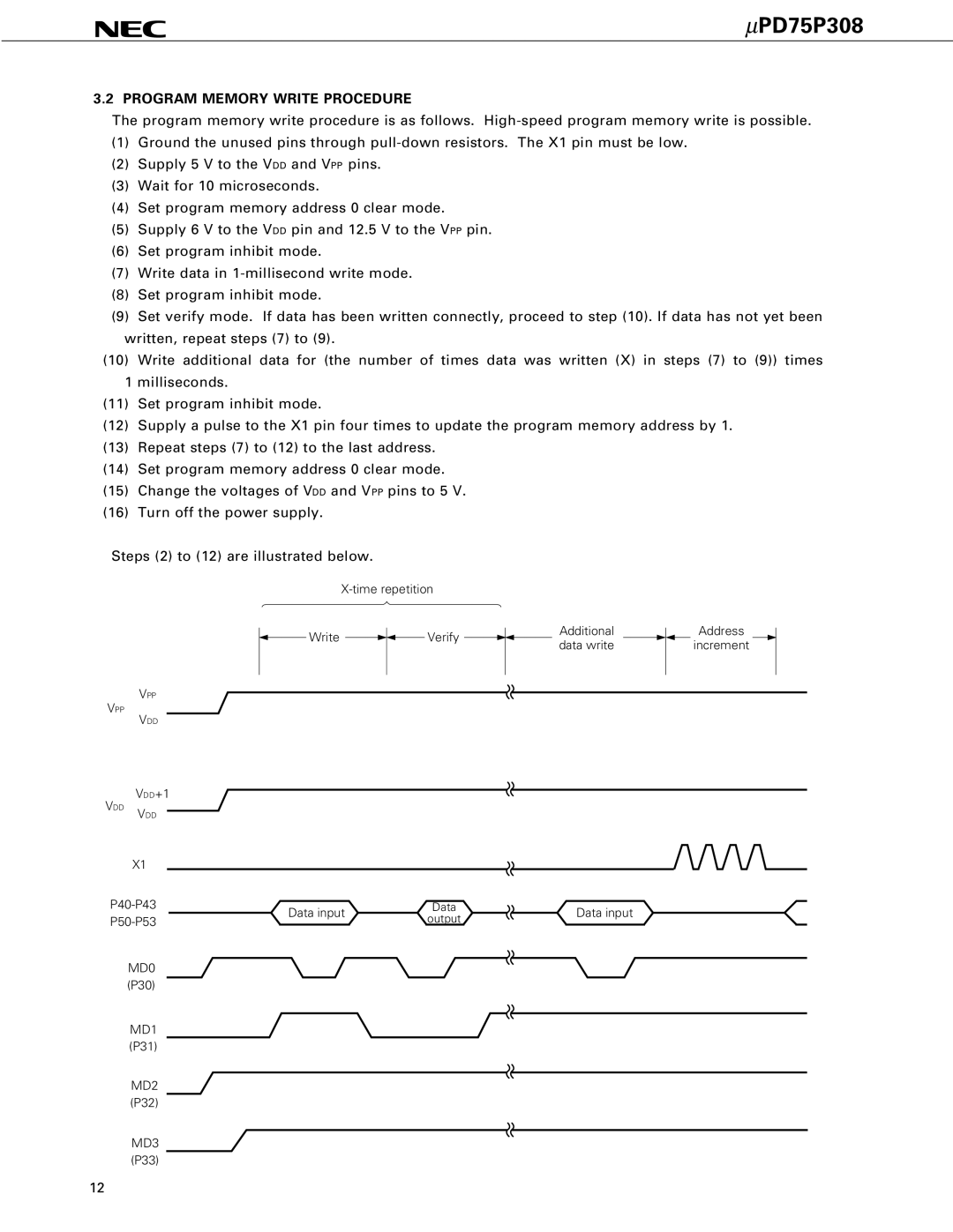 NEC PD75P308 user manual Program Memory Write Procedure, VDD+1 