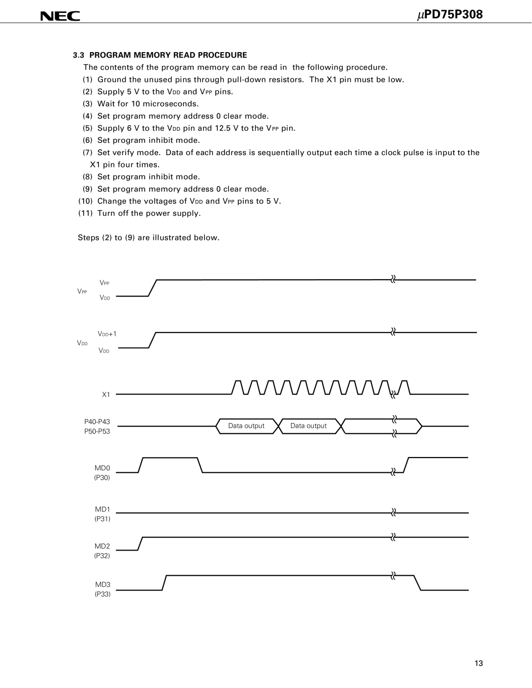 NEC PD75P308 user manual Program Memory Read Procedure, MD2 