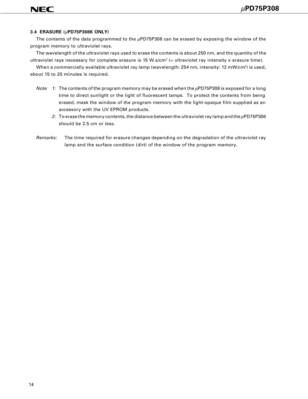 NEC user manual Erasure μPD75P308K only 