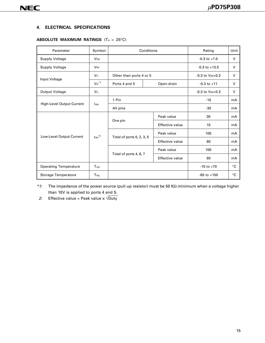 NEC PD75P308 user manual Electrical Specifications, Absolute Maximum Ratings Ta = 25C 