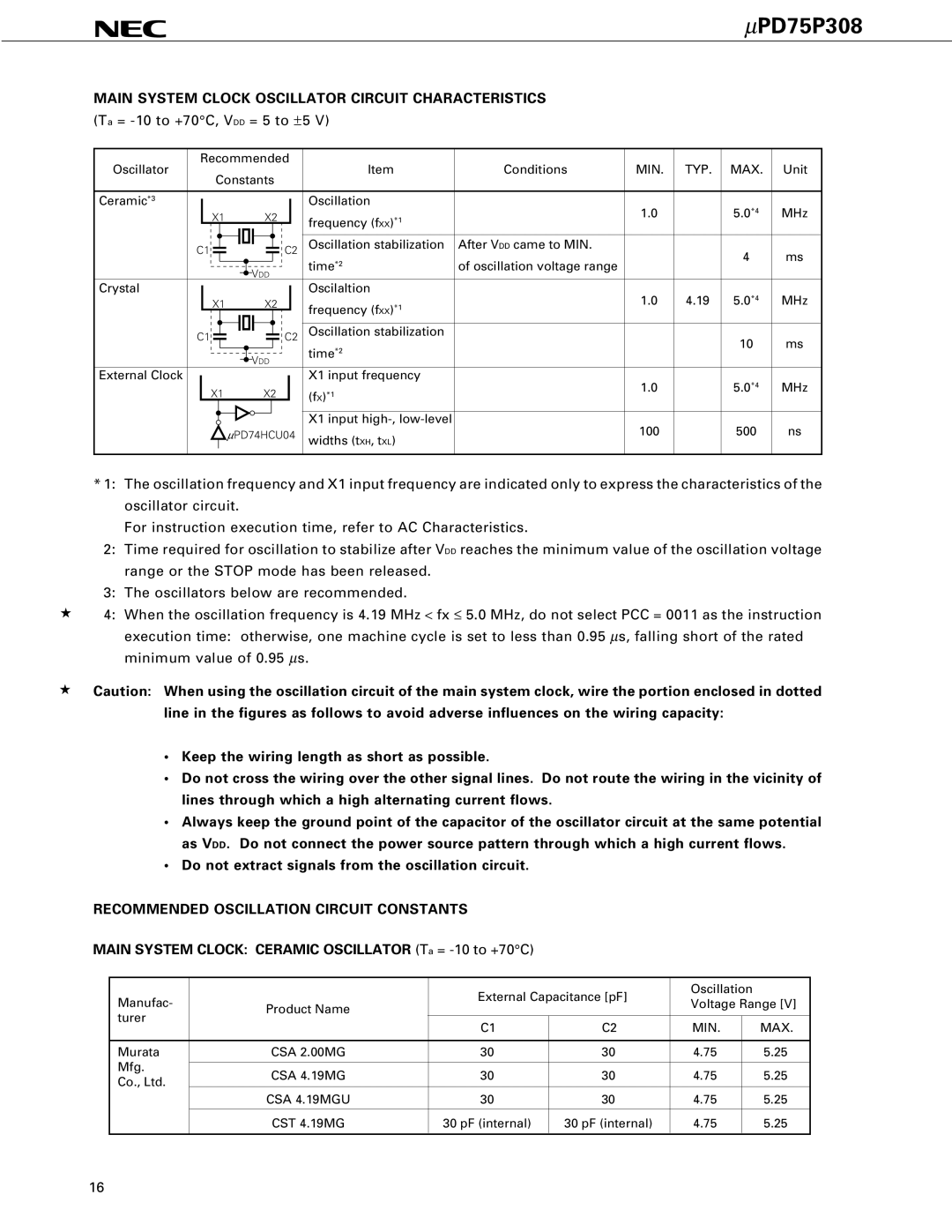 NEC PD75P308 user manual Main System Clock Oscillator Circuit Characteristics, Ta = -10 to +70C, VDD = 5 to ±5 