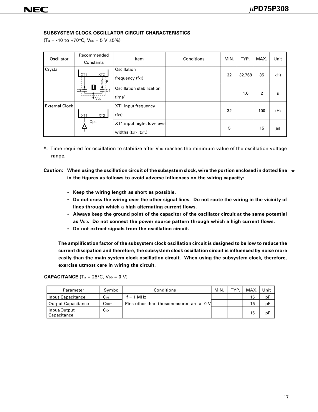 NEC PD75P308 user manual Capacitance Ta = 25C, VDD = 0 