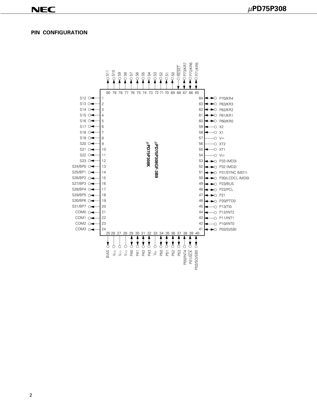 NEC user manual ΜPD75P308, PIN Configuration 