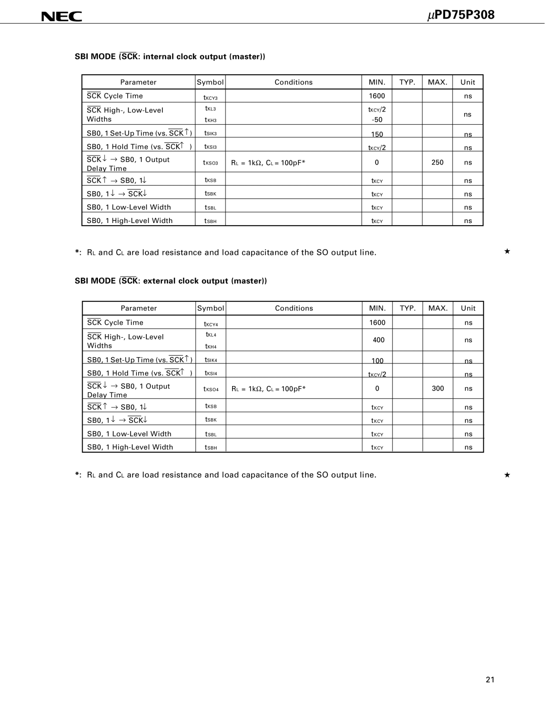 NEC PD75P308 user manual SBI Mode SCK internal clock output master, SBI Mode SCK external clock output master 