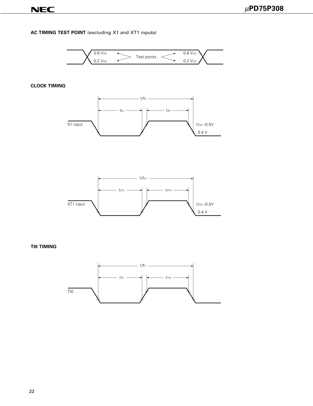 NEC PD75P308 user manual AC Timing Test Point excluding X1 and XT1 inputs, Clock Timing, TI0 Timing 