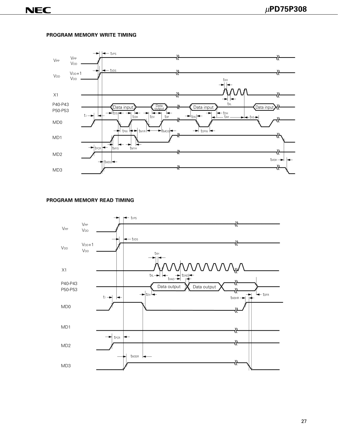 NEC PD75P308 user manual Program Memory Write Timing, Program Memory Read Timing, MD0 MD1 