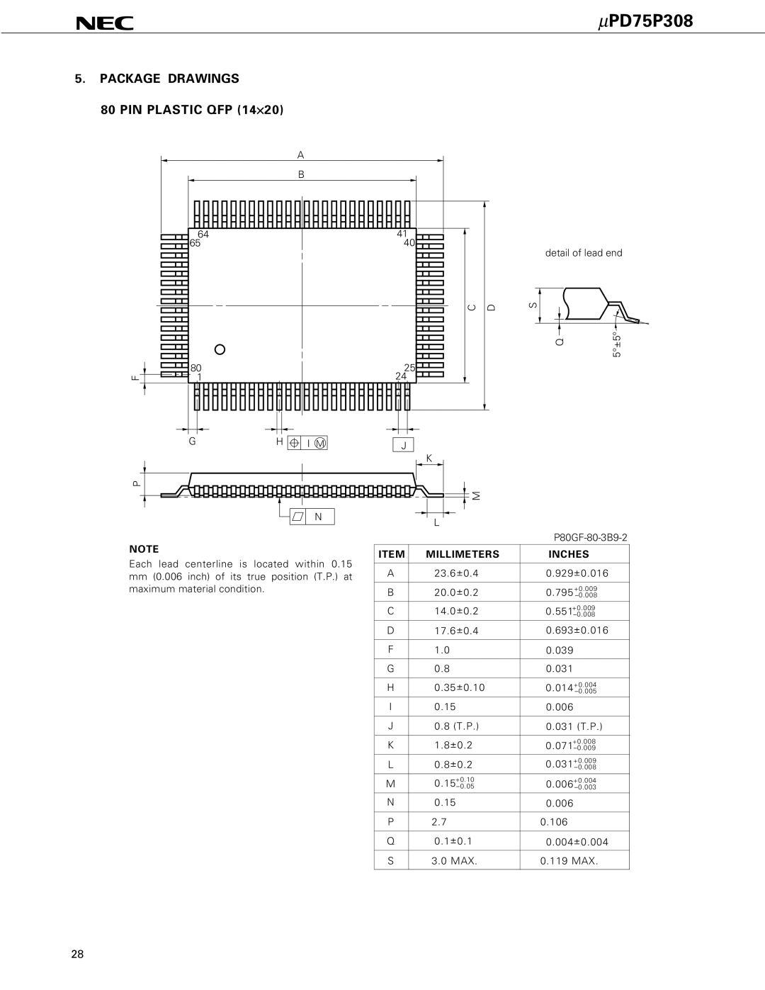 NEC PD75P308 user manual Package Drawings, PIN Plastic QFP 14×20 