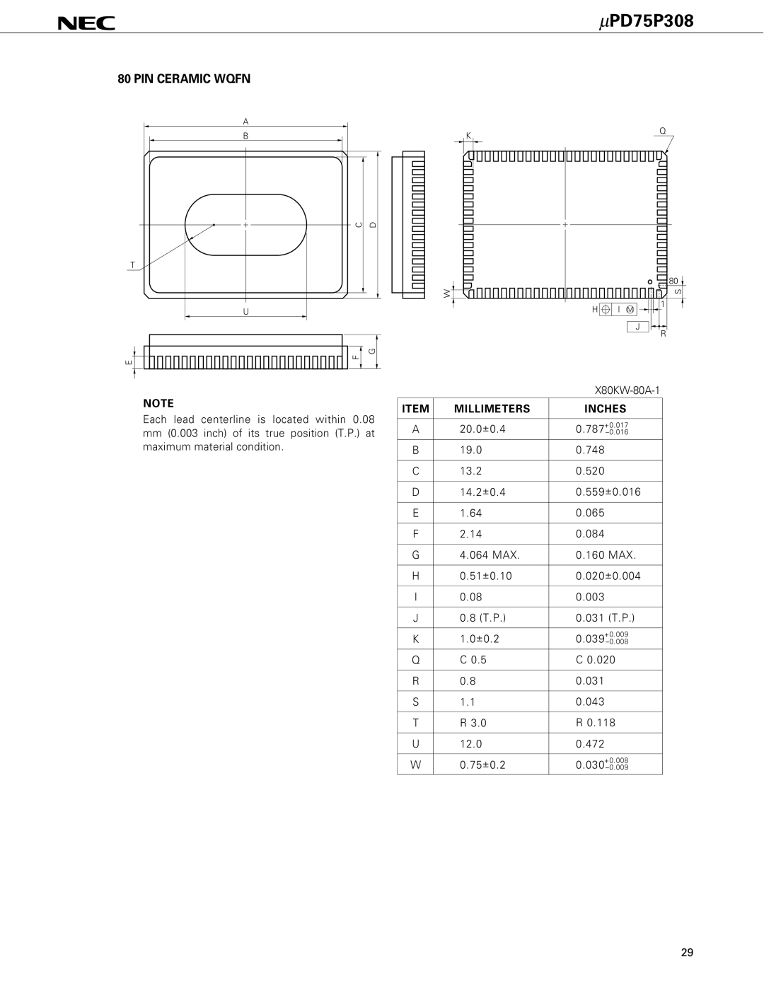 NEC PD75P308 user manual PIN Ceramic Wqfn, Millimeters Inches 