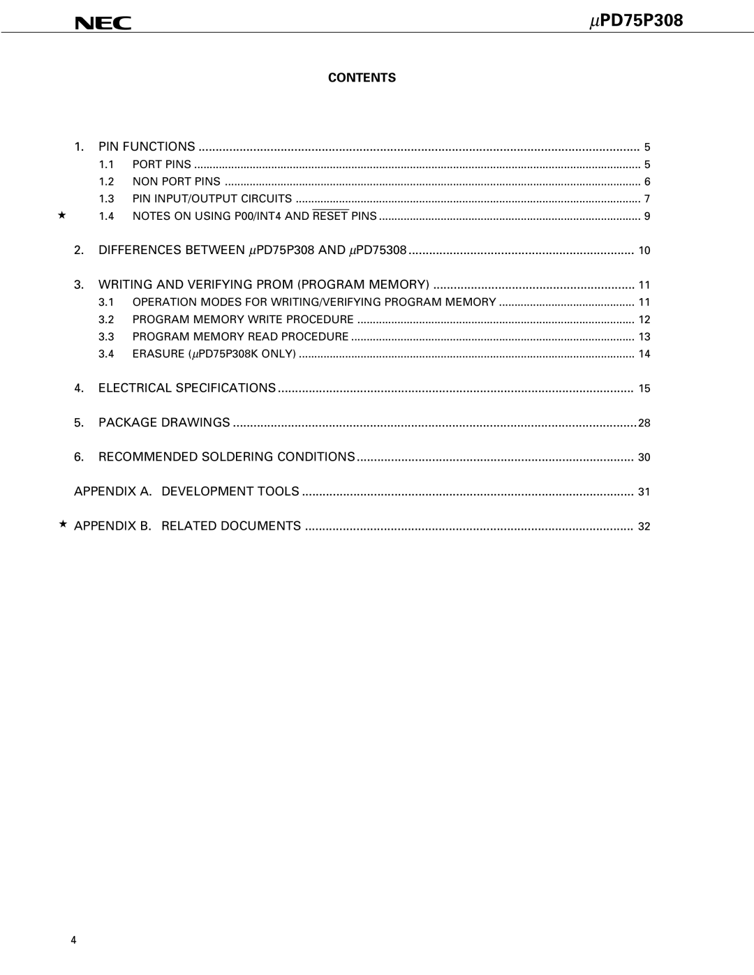 NEC PD75P308 user manual Contents 