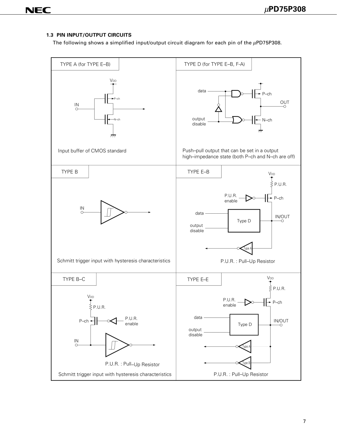 NEC PD75P308 user manual PIN INPUT/OUTPUT Circuits, Input buffer of Cmos standard 