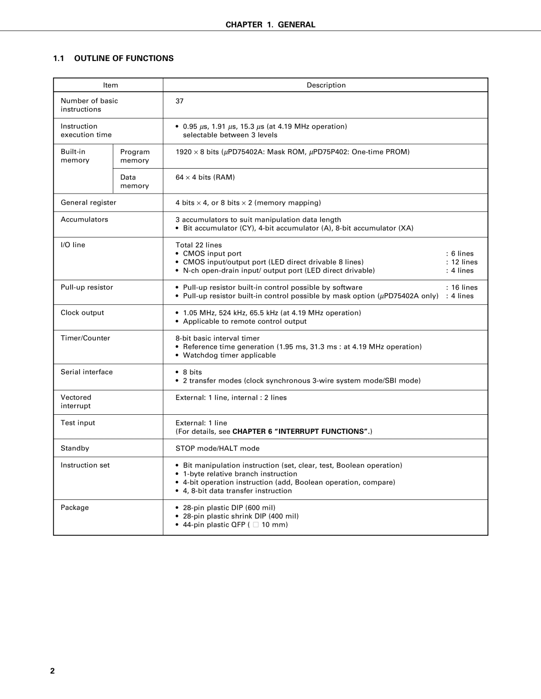 NEC PD75402A, PD75P402 user manual General Outline of Functions, For details, see Interrupt Functions 