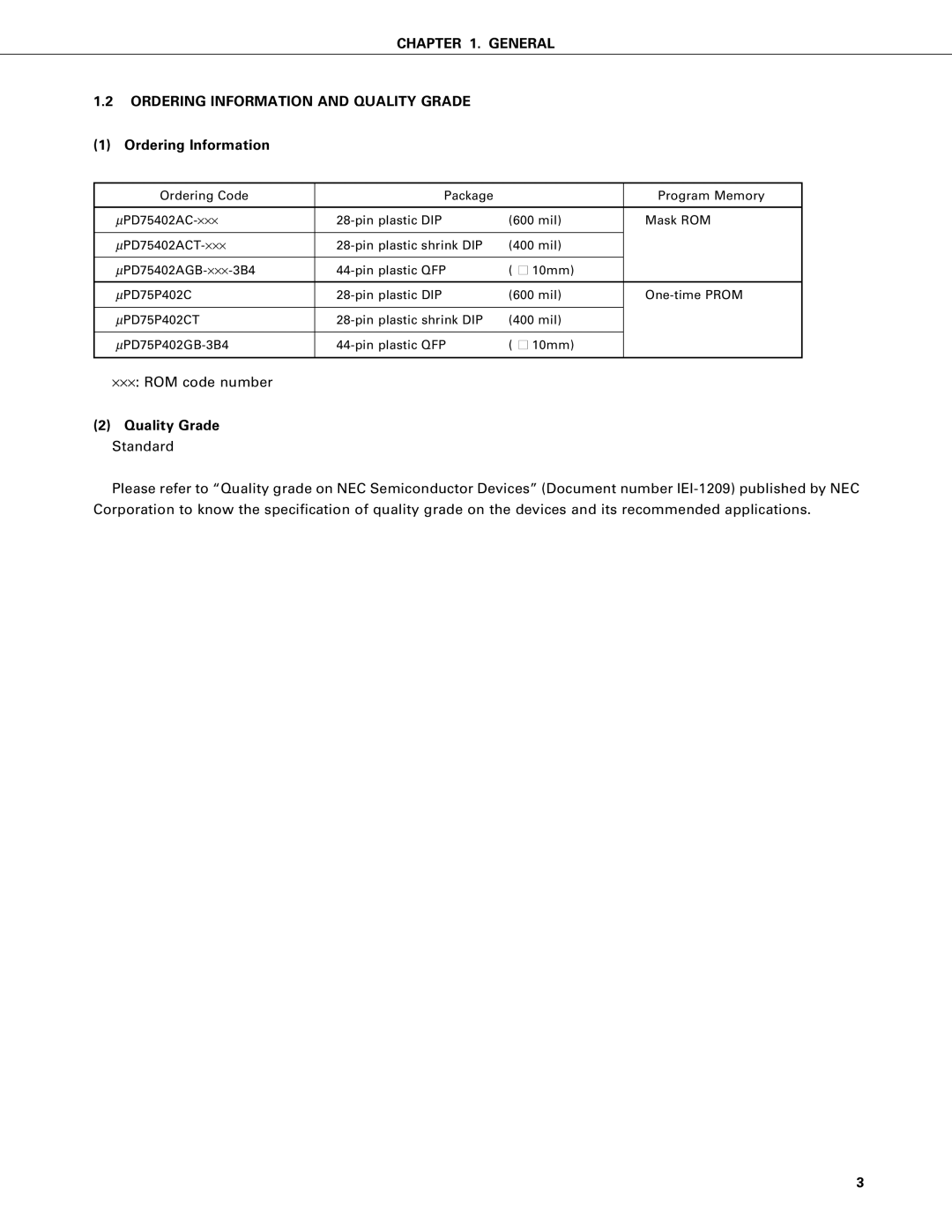 NEC PD75P402, PD75402A user manual General Ordering Information and Quality Grade 