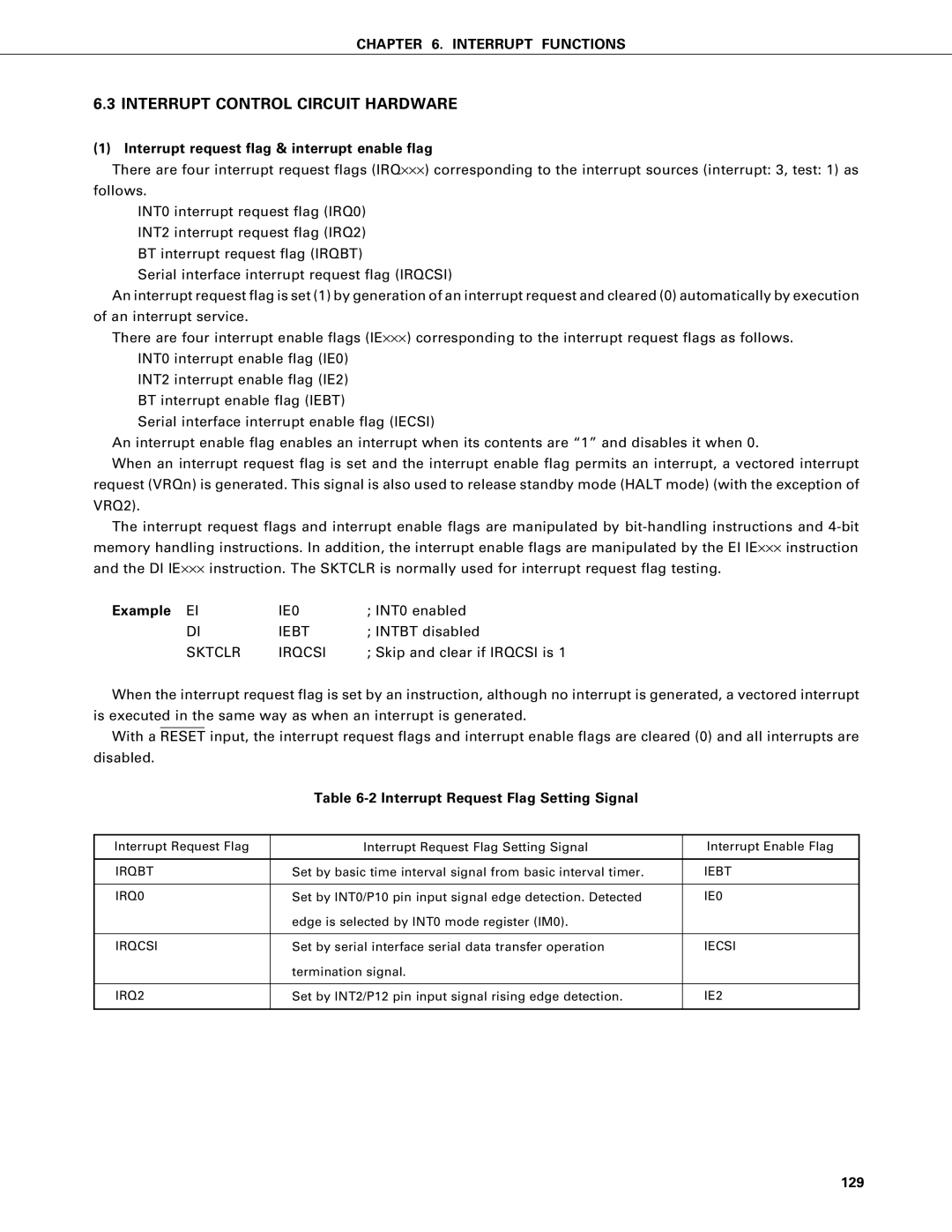 NEC PD75P402, PD75402A user manual Interrupt request flag & interrupt enable flag, Example EI, IE0, Sktclr Irqcsi 