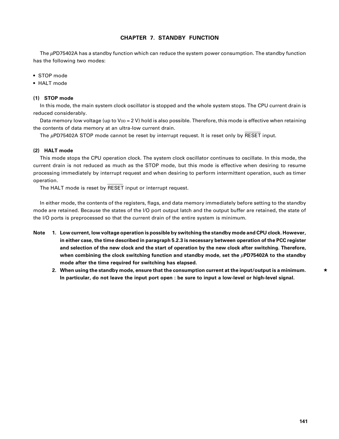 NEC PD75P402, PD75402A user manual Standby Function, Stop mode, Halt mode 