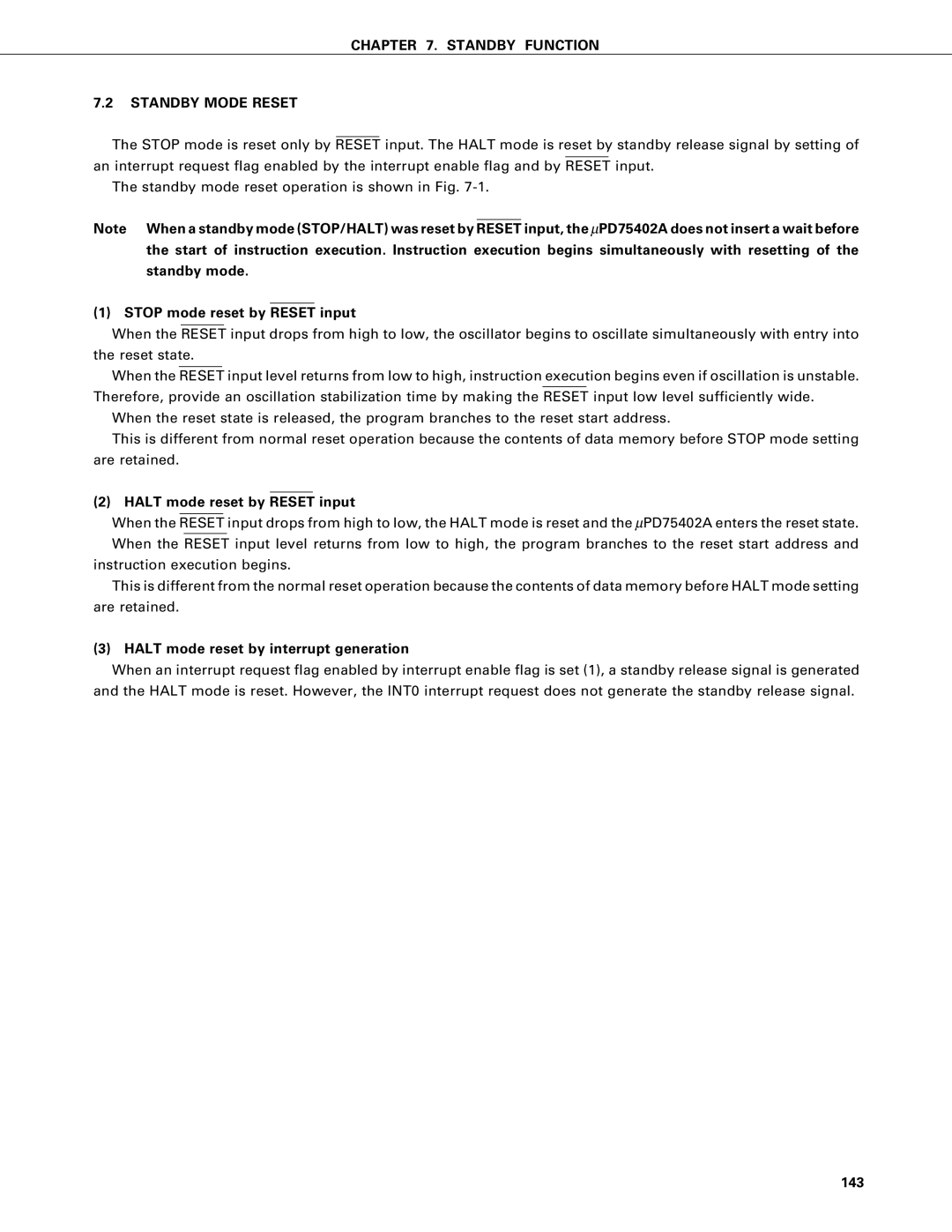 NEC PD75P402, PD75402A Standby Function Standby Mode Reset, Stop mode reset by Reset input, Halt mode reset by Reset input 