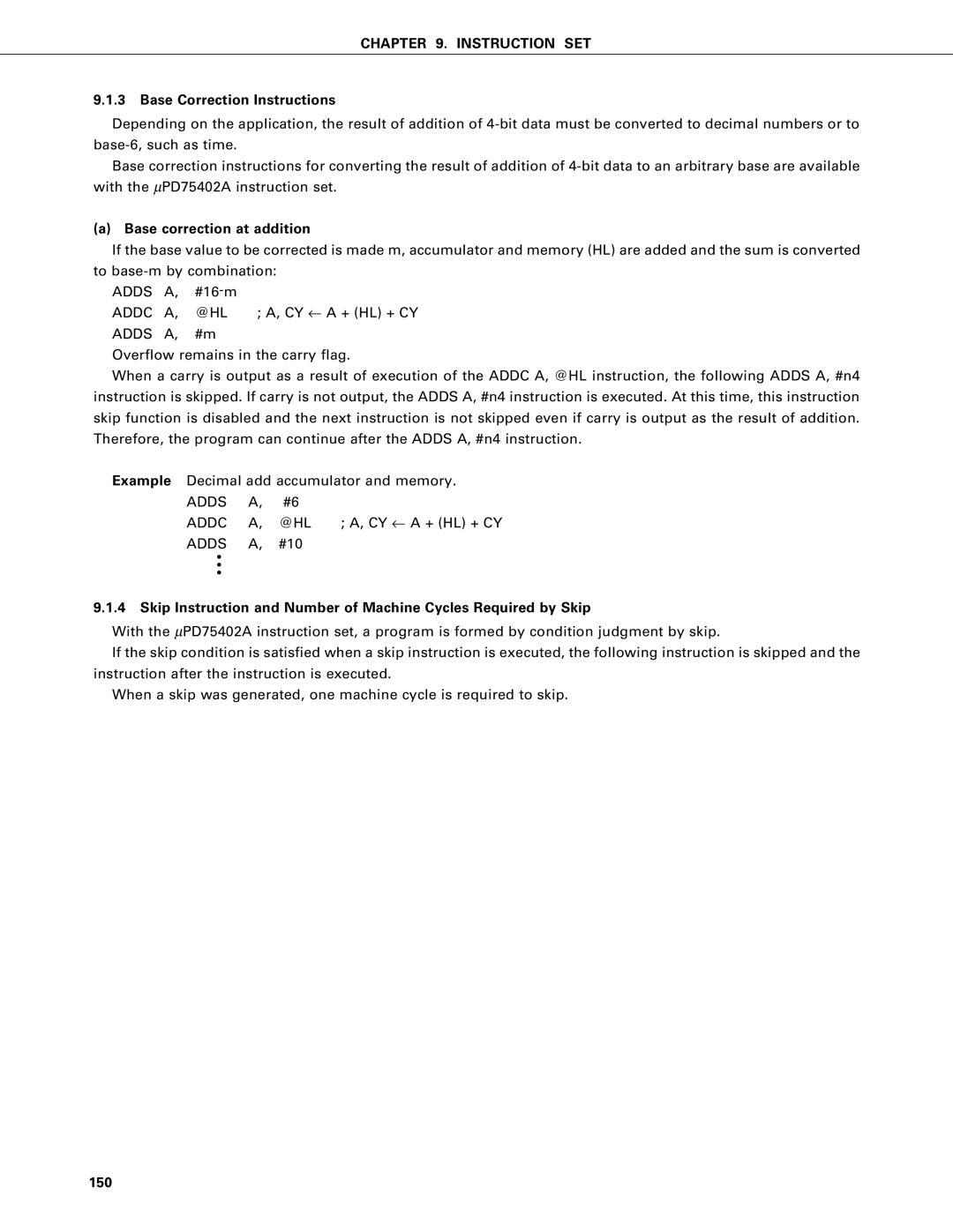 NEC PD75402A, PD75P402 user manual Base Correction Instructions, Base correction at addition, Adds Addc, 150 