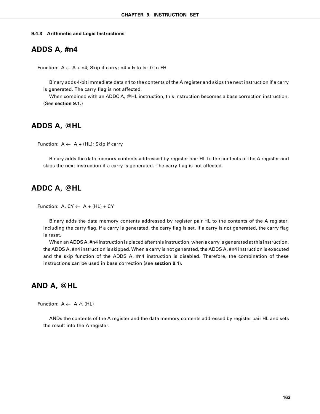 NEC PD75P402, PD75402A user manual Arithmetic and Logic Instructions, See section, 163 