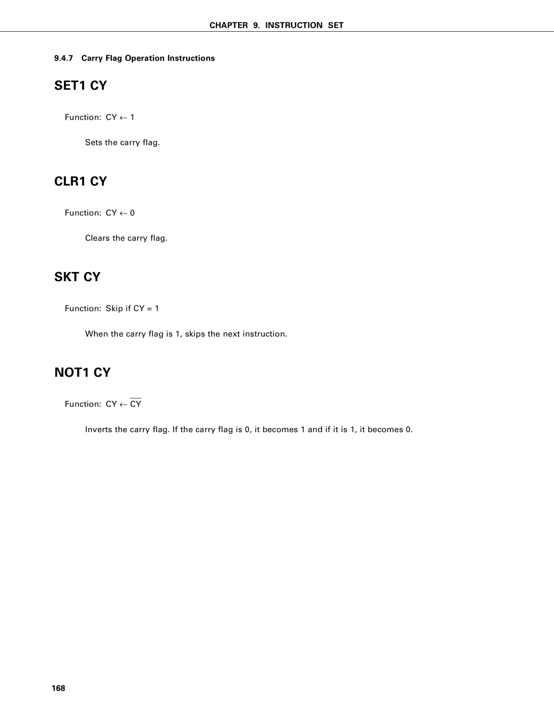 NEC PD75402A, PD75P402 user manual Carry Flag Operation Instructions, 168 