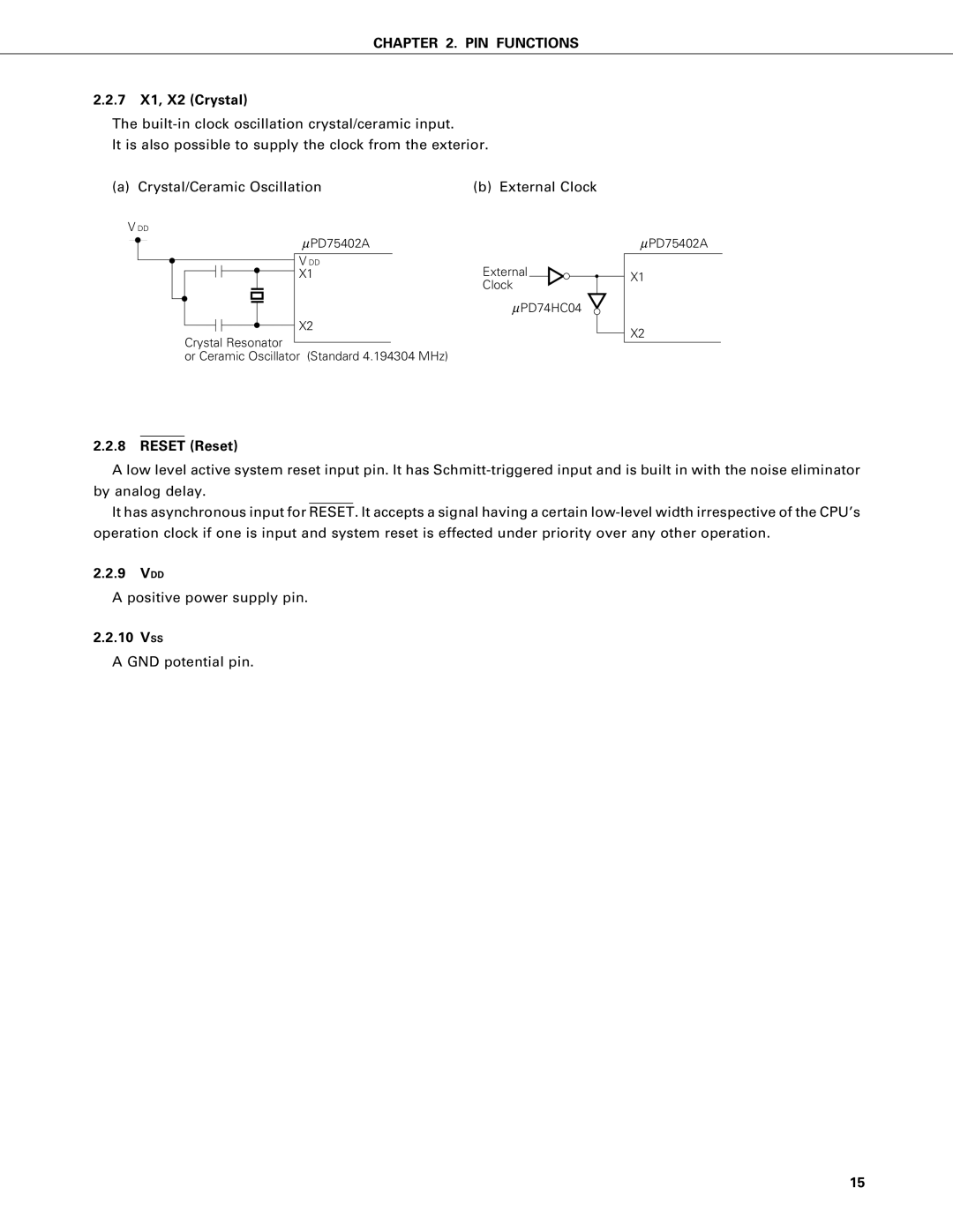 NEC PD75P402, PD75402A user manual 7 X1, X2 Crystal, Reset Reset 