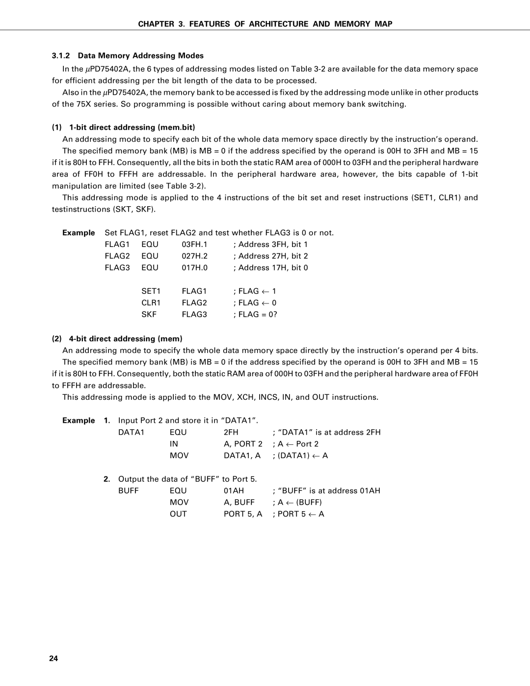 NEC PD75402A, PD75P402 user manual Data Memory Addressing Modes, Bit direct addressing mem.bit 