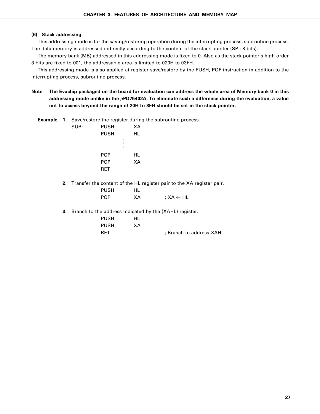 NEC PD75P402, PD75402A user manual Stack addressing, SUB Push POP RET, Push HL POP, Push HL Push XA RET 