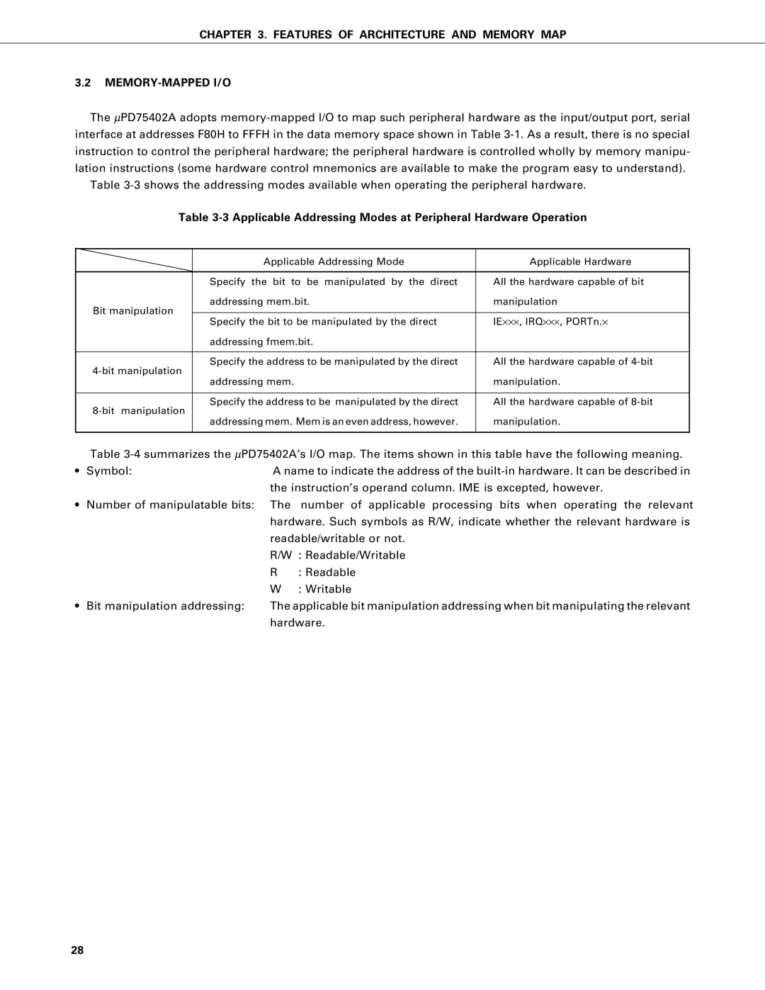 NEC PD75402A, PD75P402 user manual Features of Architecture and Memory MAP MEMORY-MAPPED I/O 