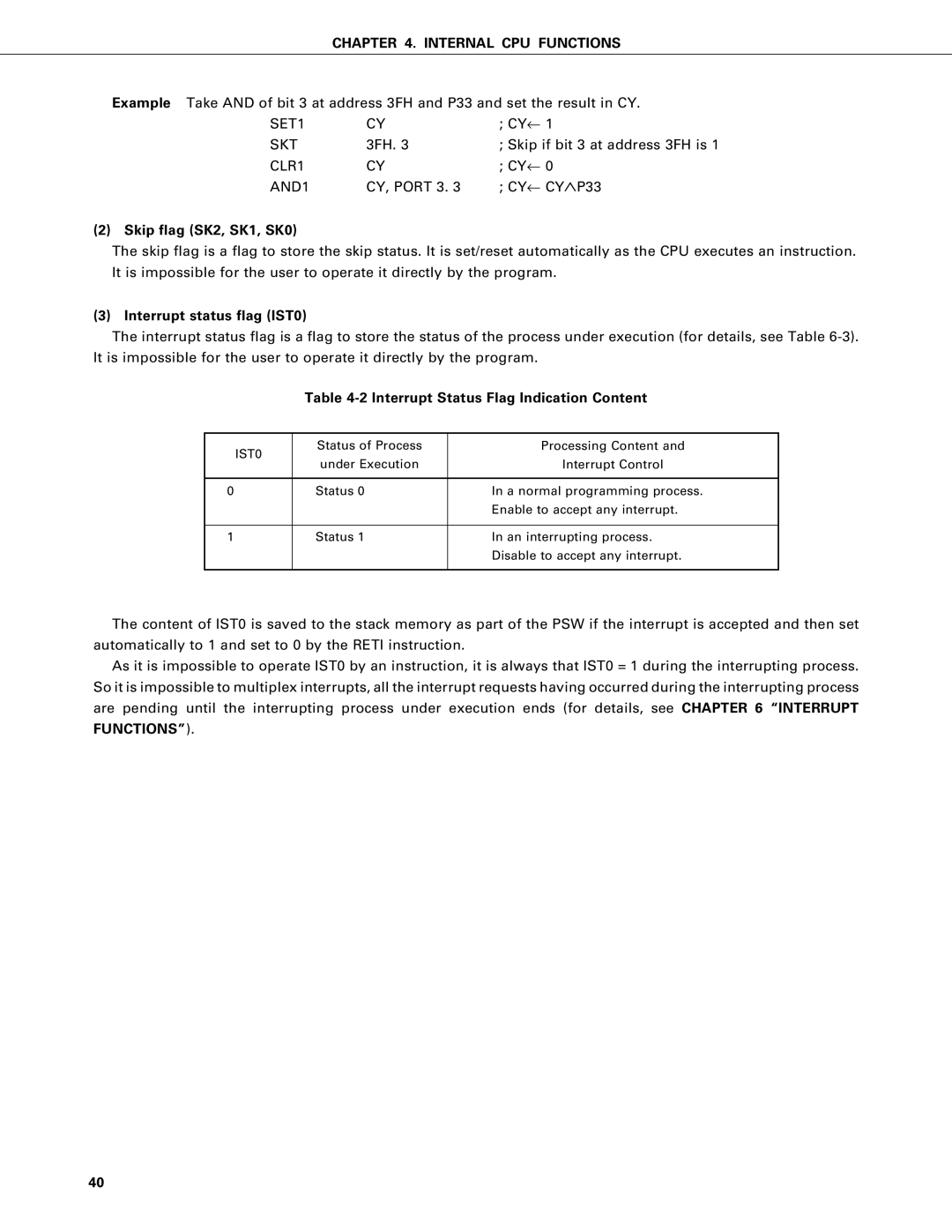 NEC PD75402A, PD75P402 SET1, Skip flag SK2, SK1, SK0, Interrupt status flag IST0, Interrupt Status Flag Indication Content 