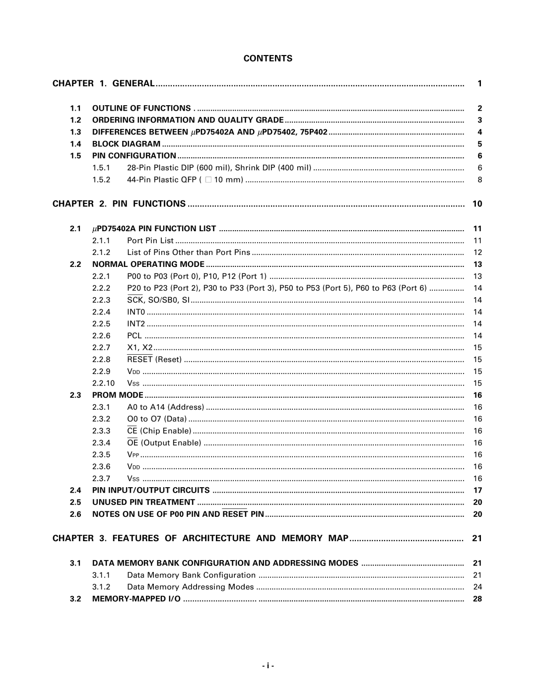 NEC PD75P402, PD75402A user manual Contents 