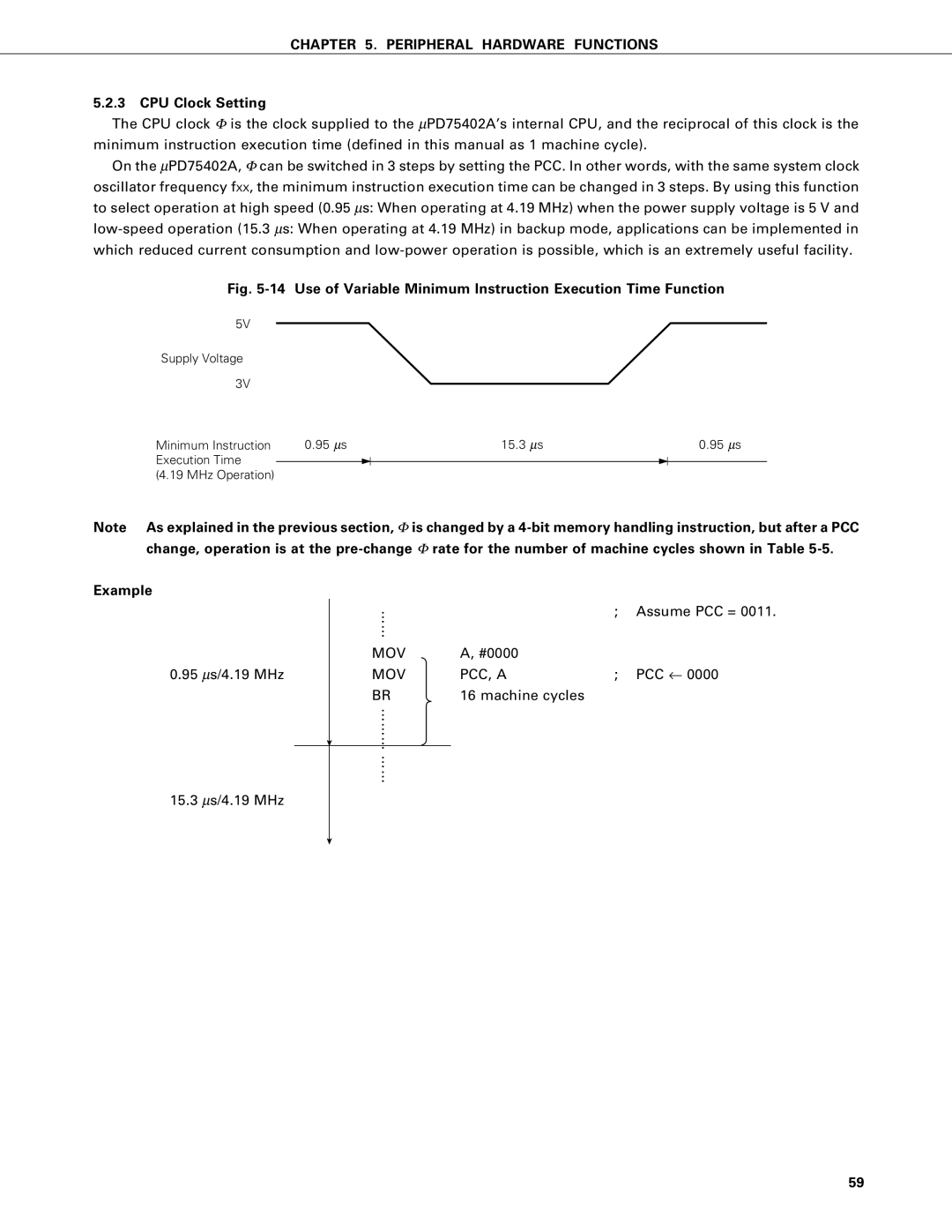 NEC PD75P402, PD75402A user manual CPU Clock Setting, Use of Variable Minimum Instruction Execution Time Function, Example 