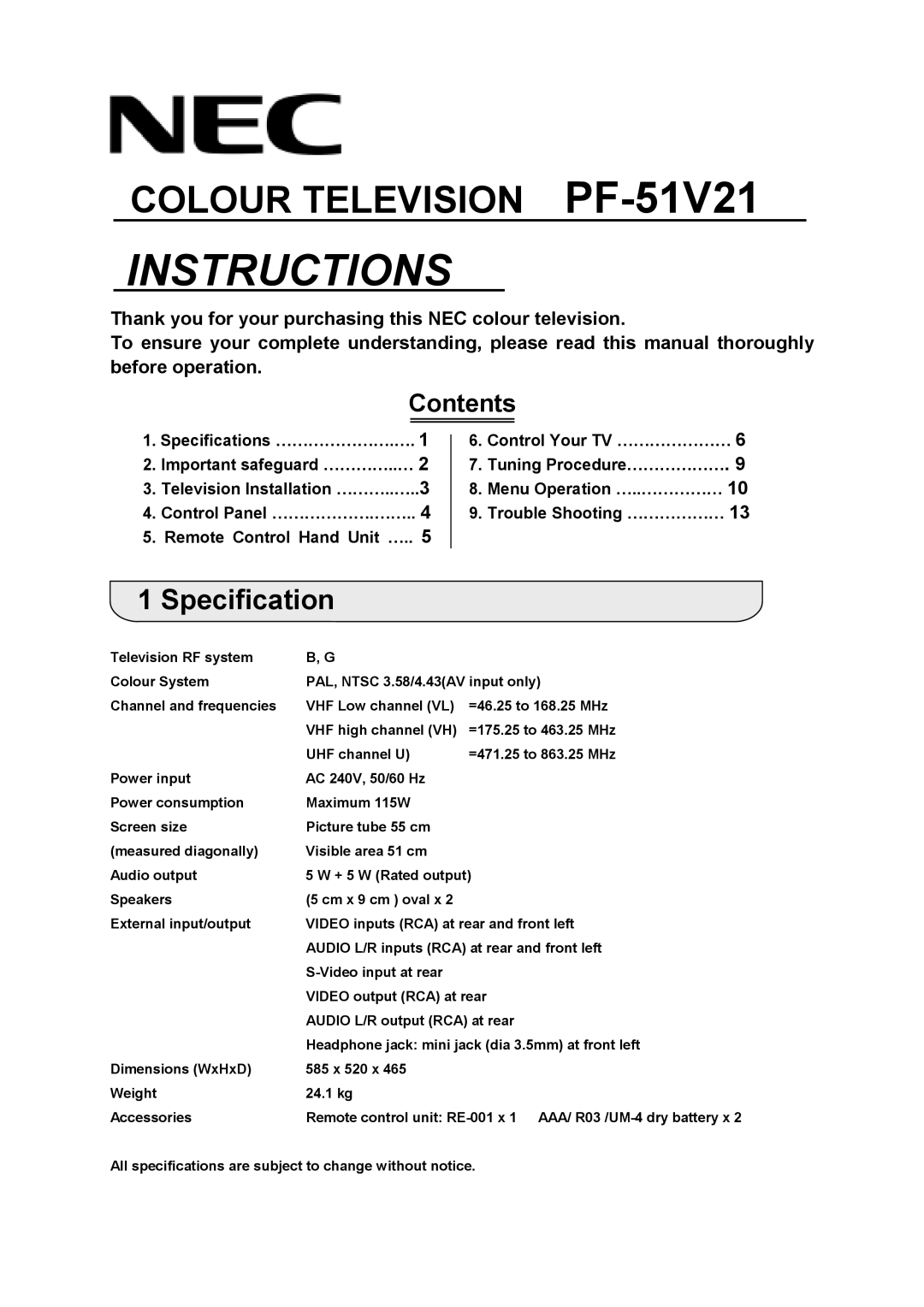 NEC PF-51V21 specifications Instructions, Specification 