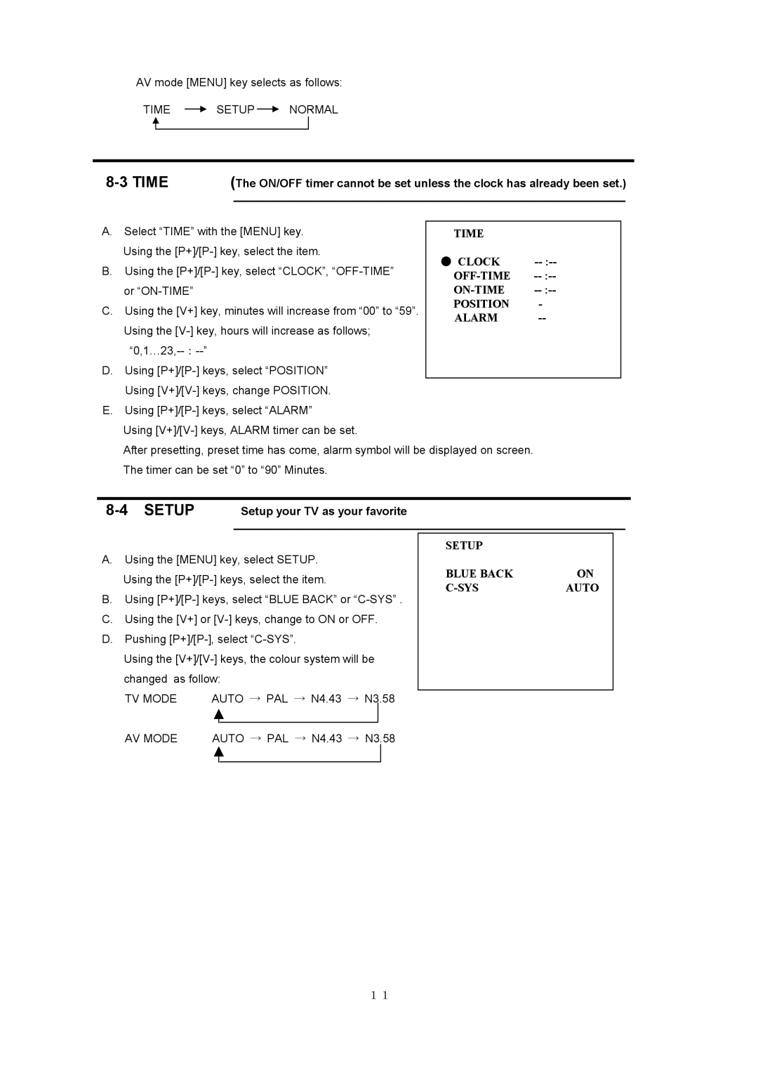 NEC PF-51V21 specifications Setup, Time The ON/OFF timer cannot be set unless, Using the P+/P- keys, select the item 