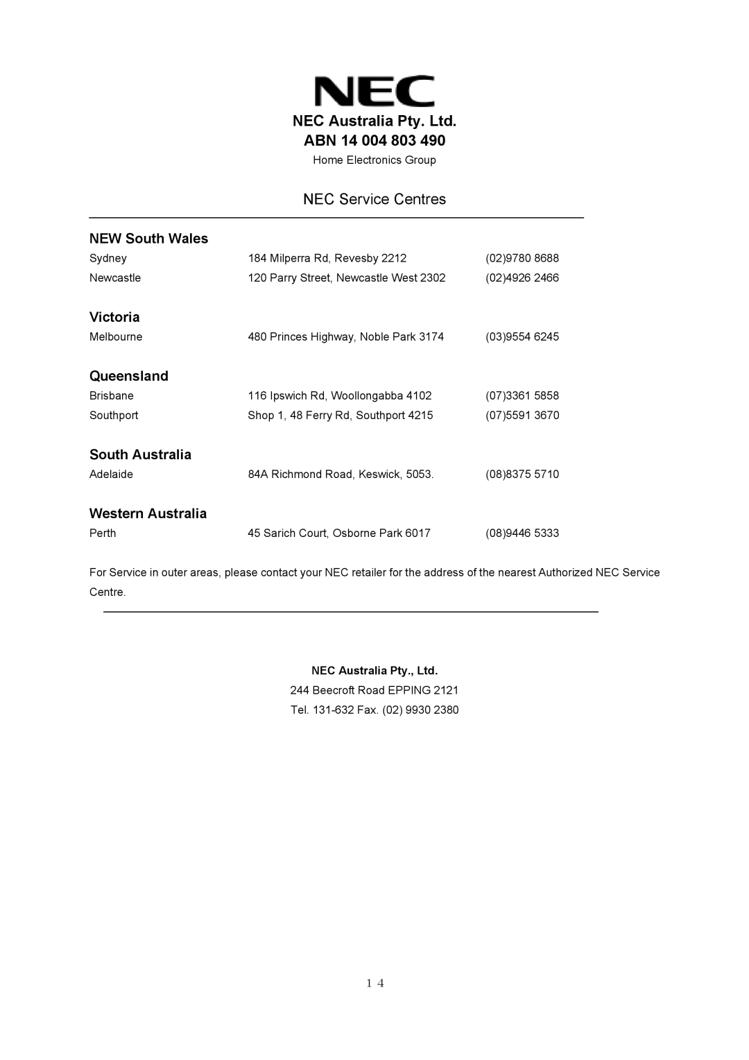 NEC PF-51V21 specifications ABN 14 004 803, NEC Service Centres 