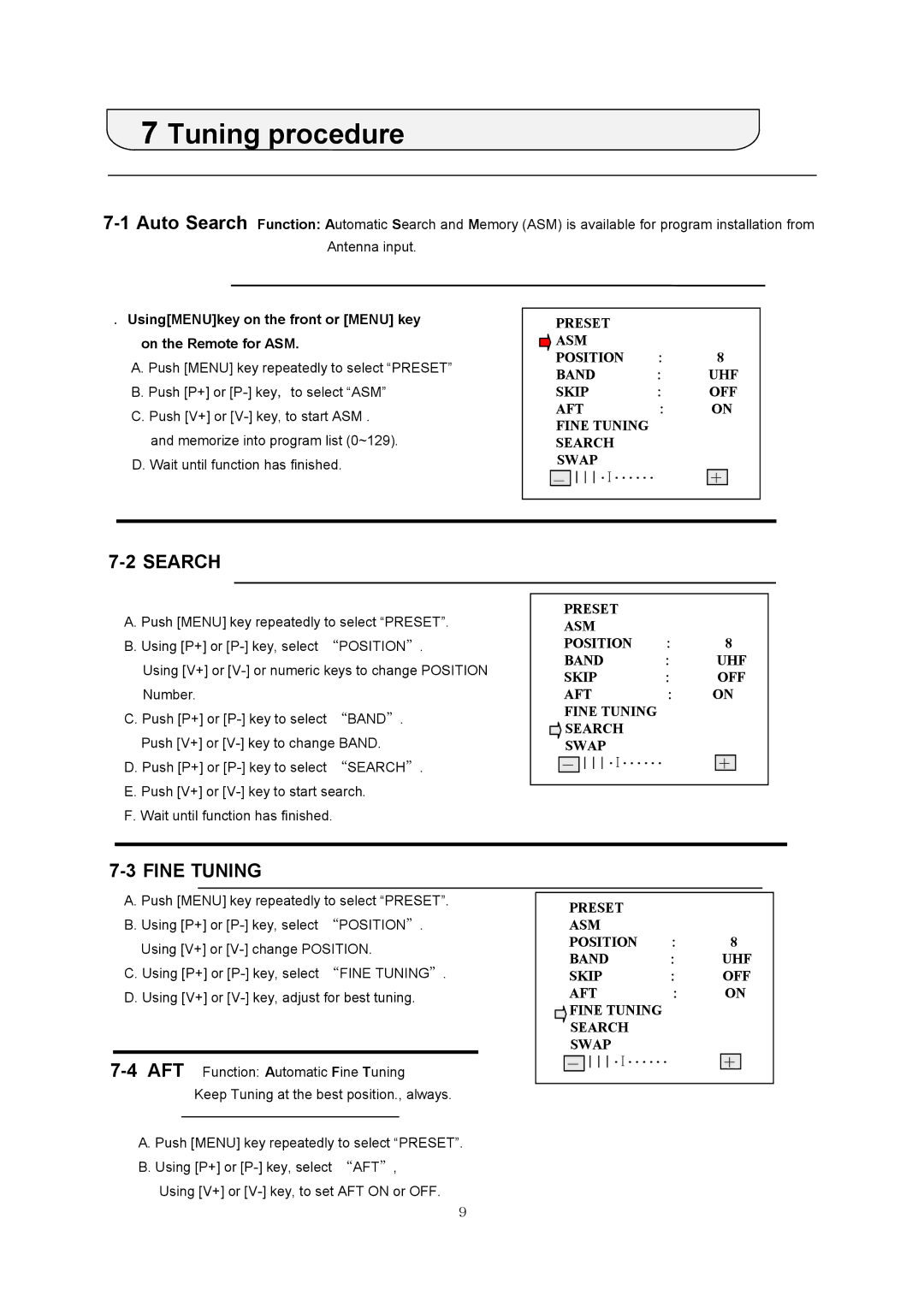 NEC PF-51V21 specifications Tuning procedure, Search, Fine Tuning 