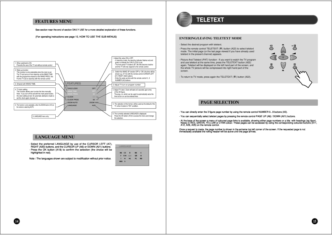 NEC PF28WT100 instruction manual Features Menu, Page Selection, Language Menu, Entering/Leaving Teletext Mode, 1415 