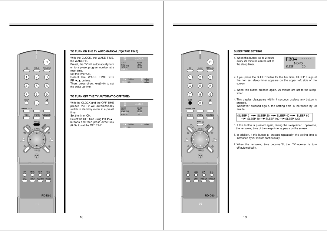 NEC PF32W503 To Turn on the TV Automaticallywake Time, To Turn OFF the TV Automaticoff Time, Sleep Time Setting 