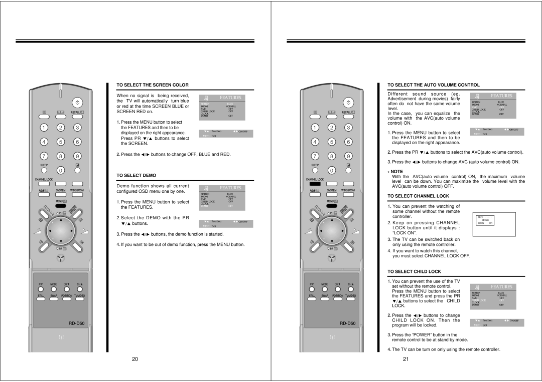 NEC PF32W503 To Select the Screen Color, To Select Demo, To Select the Auto Volume Control, To Select Channel Lock 