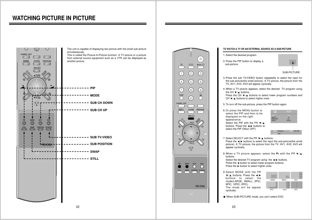 NEC PF32W503 instruction manual Watching Picture in Picture, Sub-Picture 