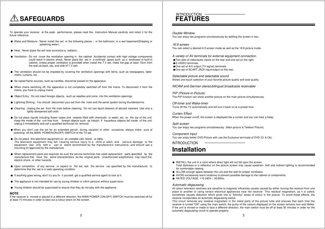 NEC PF32W503 instruction manual Safeguards, Features 