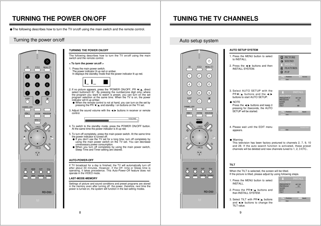 NEC PF32W503 instruction manual Turning the Power ON/OFF, Tuning the TV Channels 