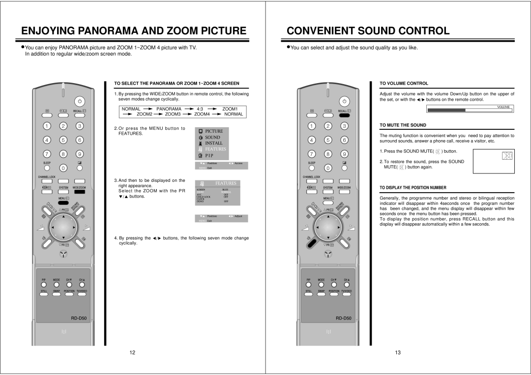 NEC PF32W503 Enjoying Panorama and Zoom Picture, Convenient Sound Control, To Select the Panorama or Zoom 1~ZOOM 4 Screen 