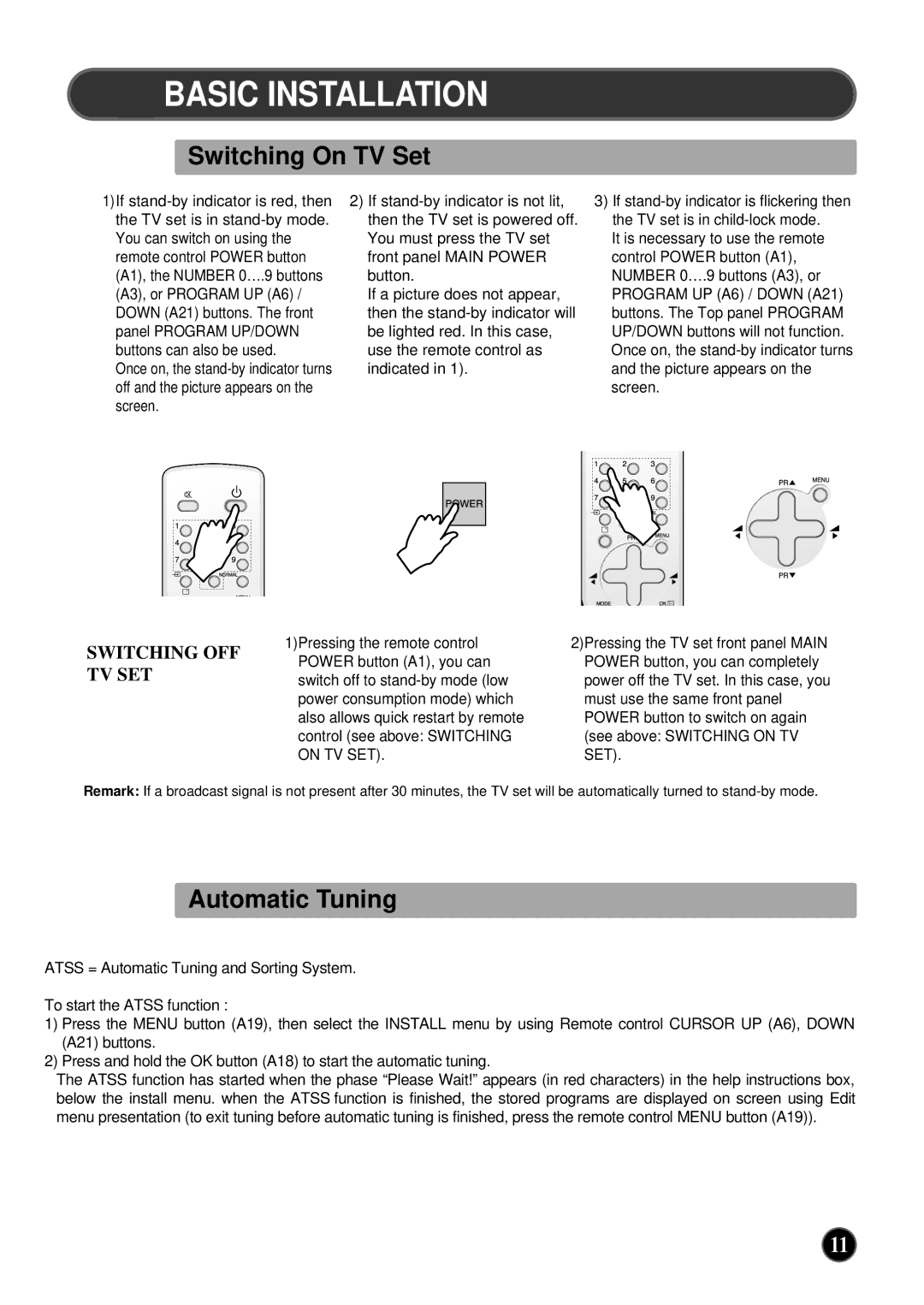 NEC PF32WT100 instruction manual Basic Installation, Switching On TV Set, Automatic Tuning 