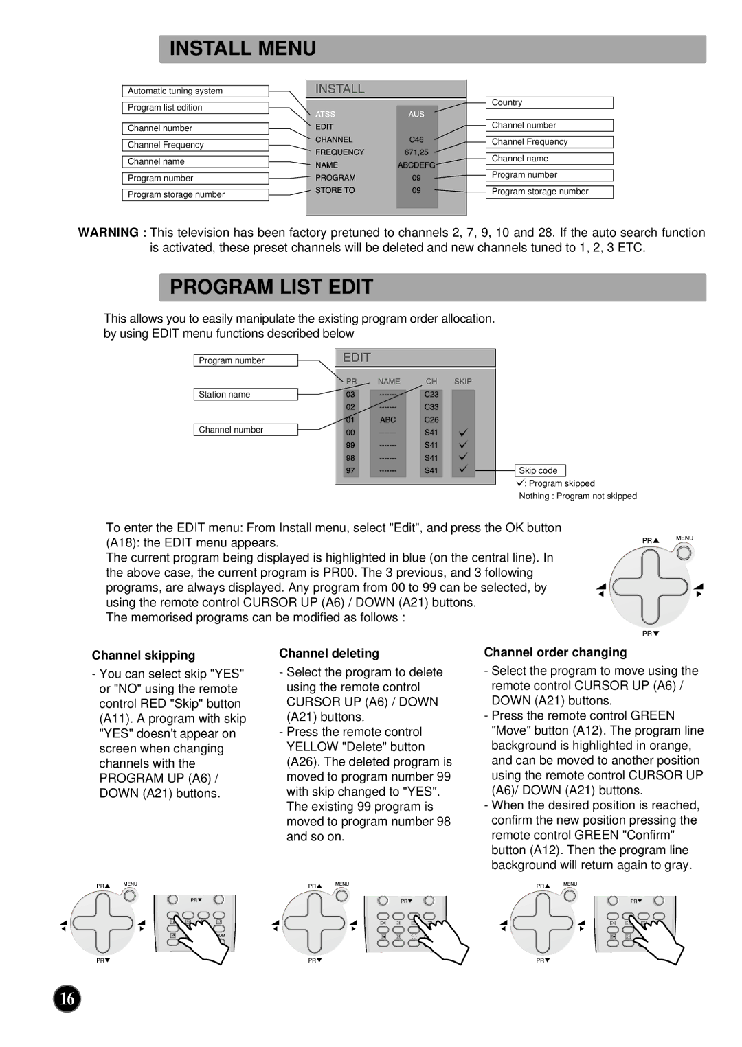 NEC PF32WT100 instruction manual Install Menu, Program List Edit, Channel skipping Channel deleting Channel order changing 