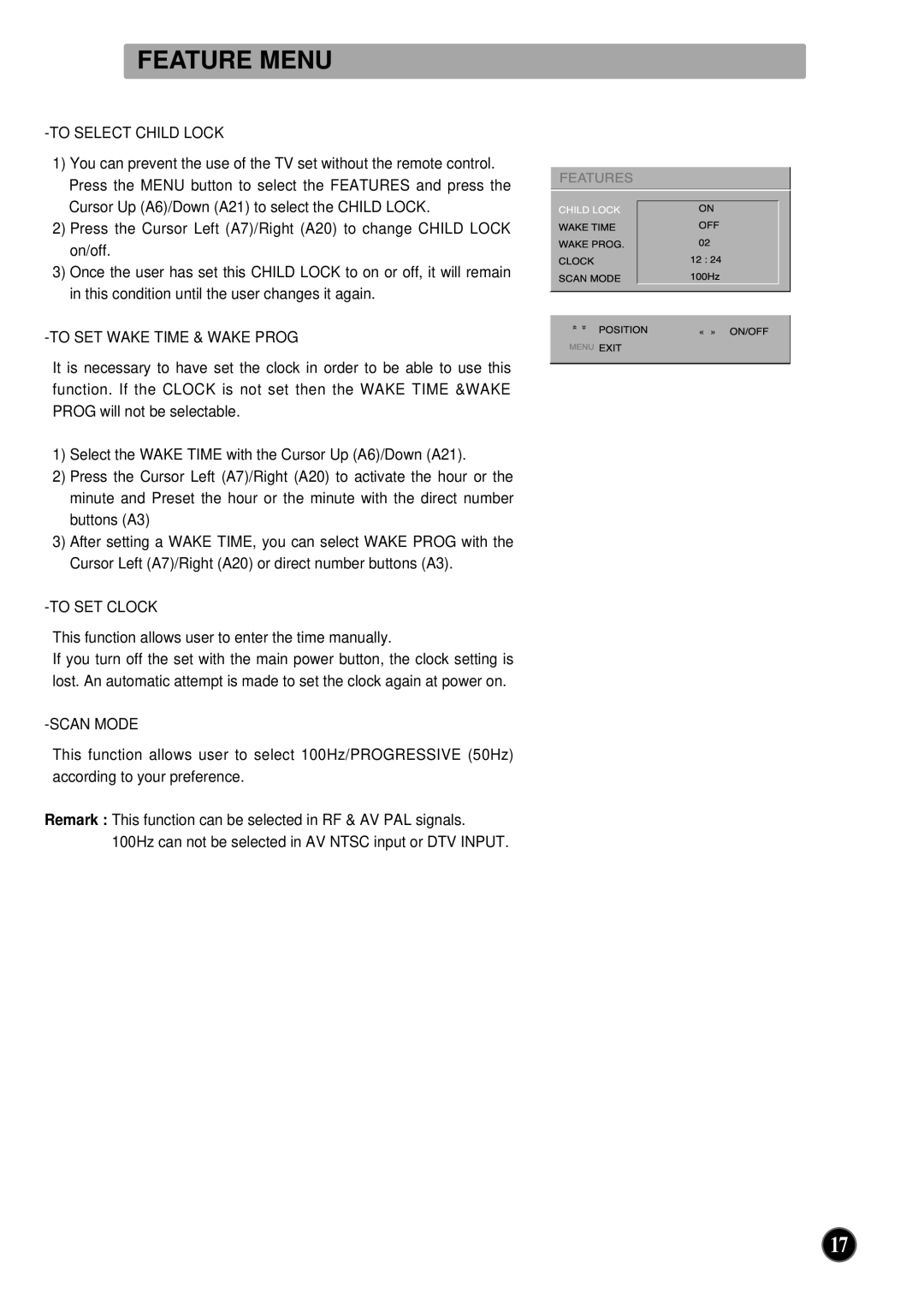 NEC PF32WT100 instruction manual Feature Menu, To Select Child Lock, To SET Wake Time & Wake Prog, To SET Clock, Scan Mode 