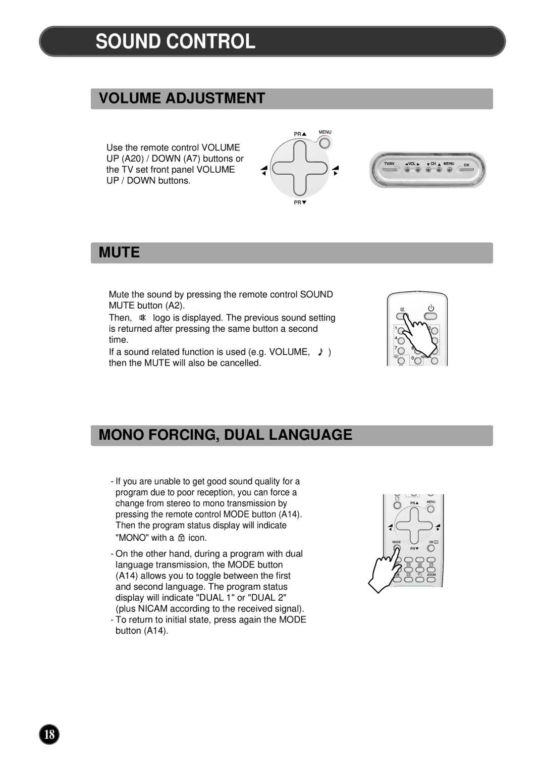 NEC PF32WT100 instruction manual Sound Control, Volume Adjustment, Mute, Mono FORCING, Dual Language 