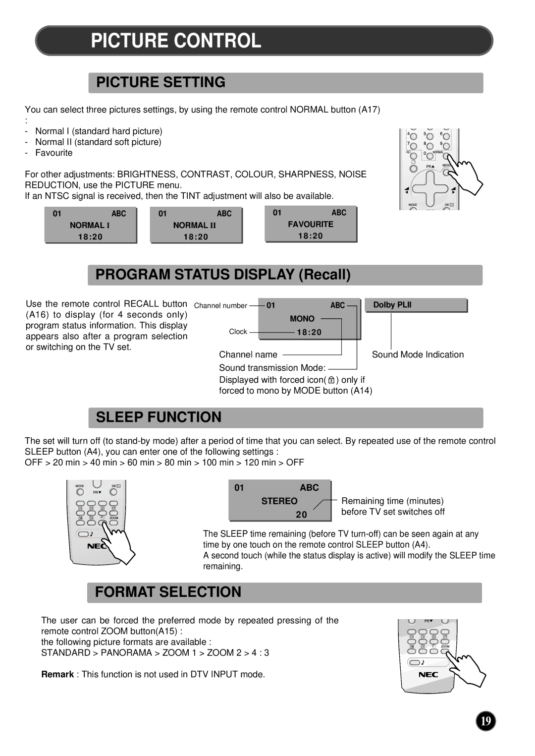 NEC PF32WT100 Picture Control, Picture Setting, Program Status Display Recall, Sleep Function, Format Selection 