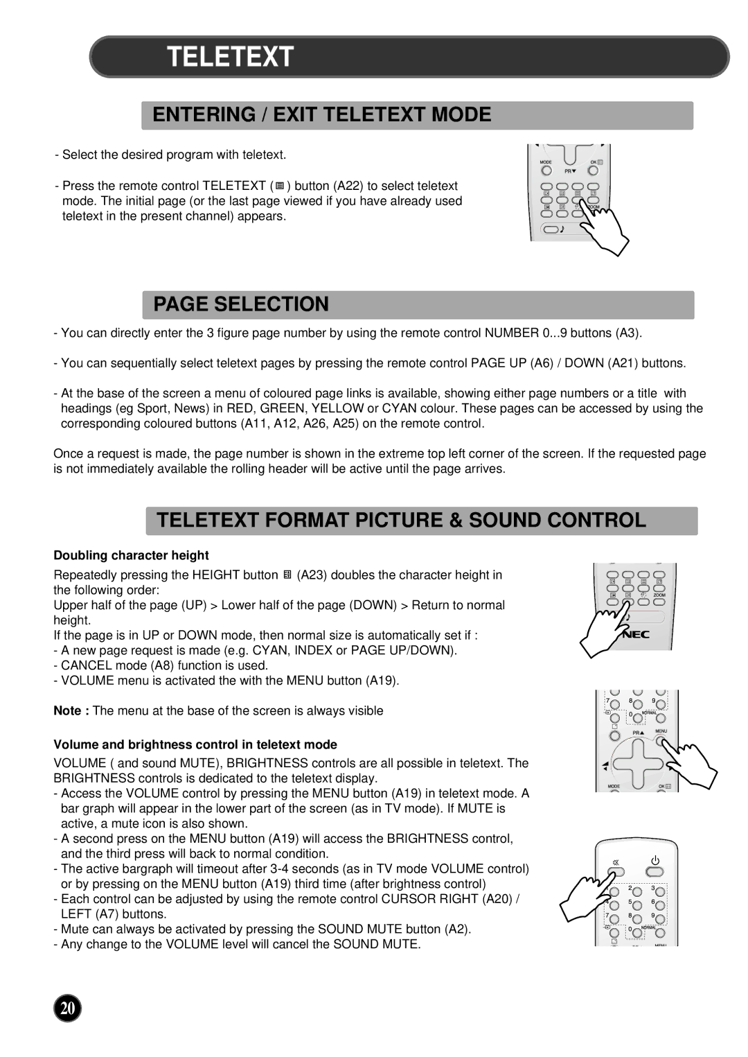 NEC PF32WT100 instruction manual Entering / Exit Teletext Mode, Selection, Teletext Format Picture & Sound Control 